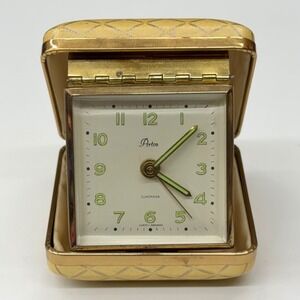 Vintage Artco Travel Alarm Clock West Germany Aristocrat Gold Case Luminous